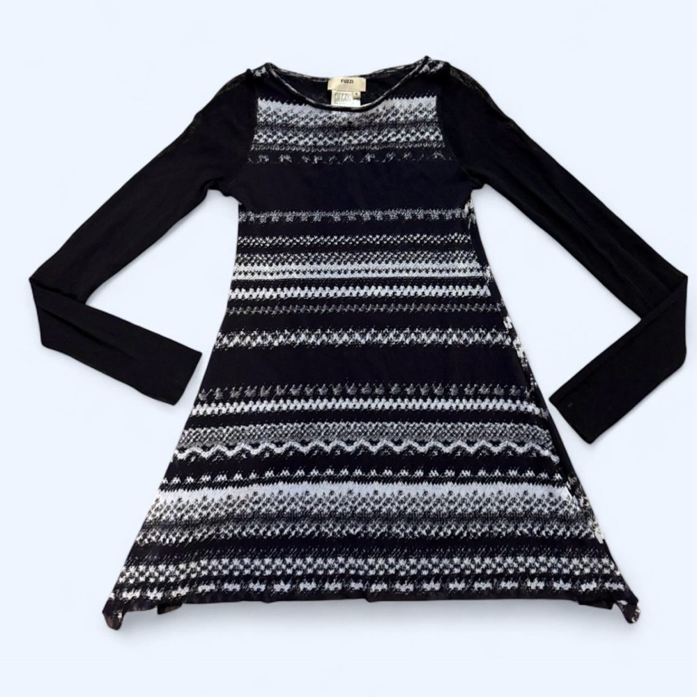Fuzzi Italy Black & White Striped Boho Geometric Tunic Dress Size Small
